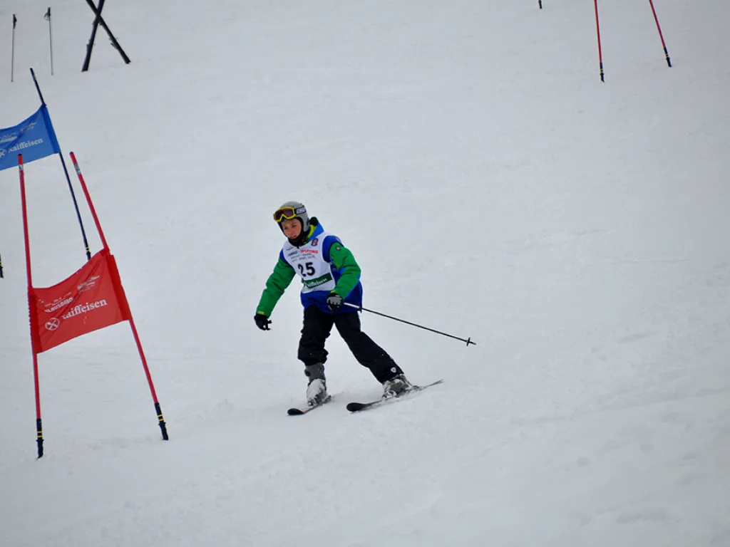 Skifahrer mit Startnummer 25 in grüner Jacke am roten Tor.